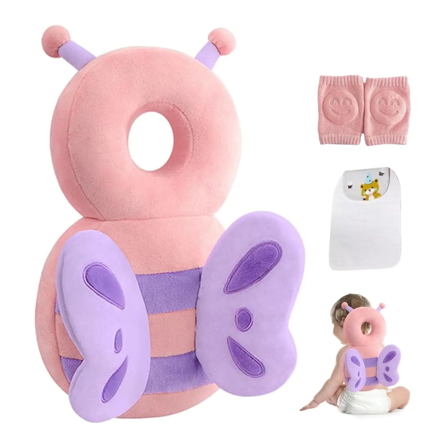 Baby Head Protector Backpack Adjustable Baby Head Protection Backpack with Baby Knee Pads for Walking & Crawling Soft Breathable and Wearing Safety Baby Head Protector - Pink Butterfly